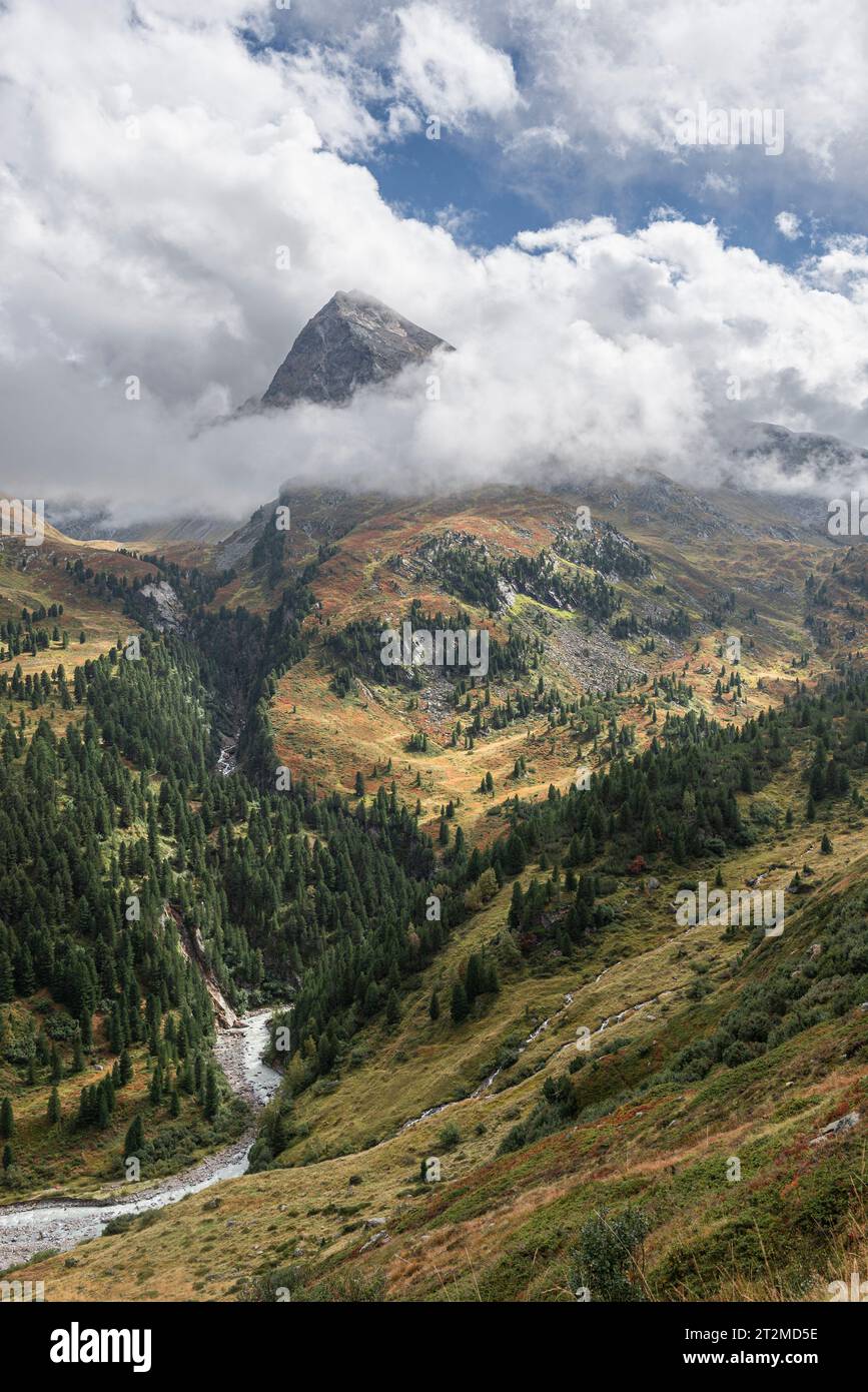 Le nuvole circondano le pendici montuose del monte Hangerer sopra le pinete della valle del Gurgler in autunno, le Alpi di Ötztal, il Tirolo, l'Austria Foto Stock