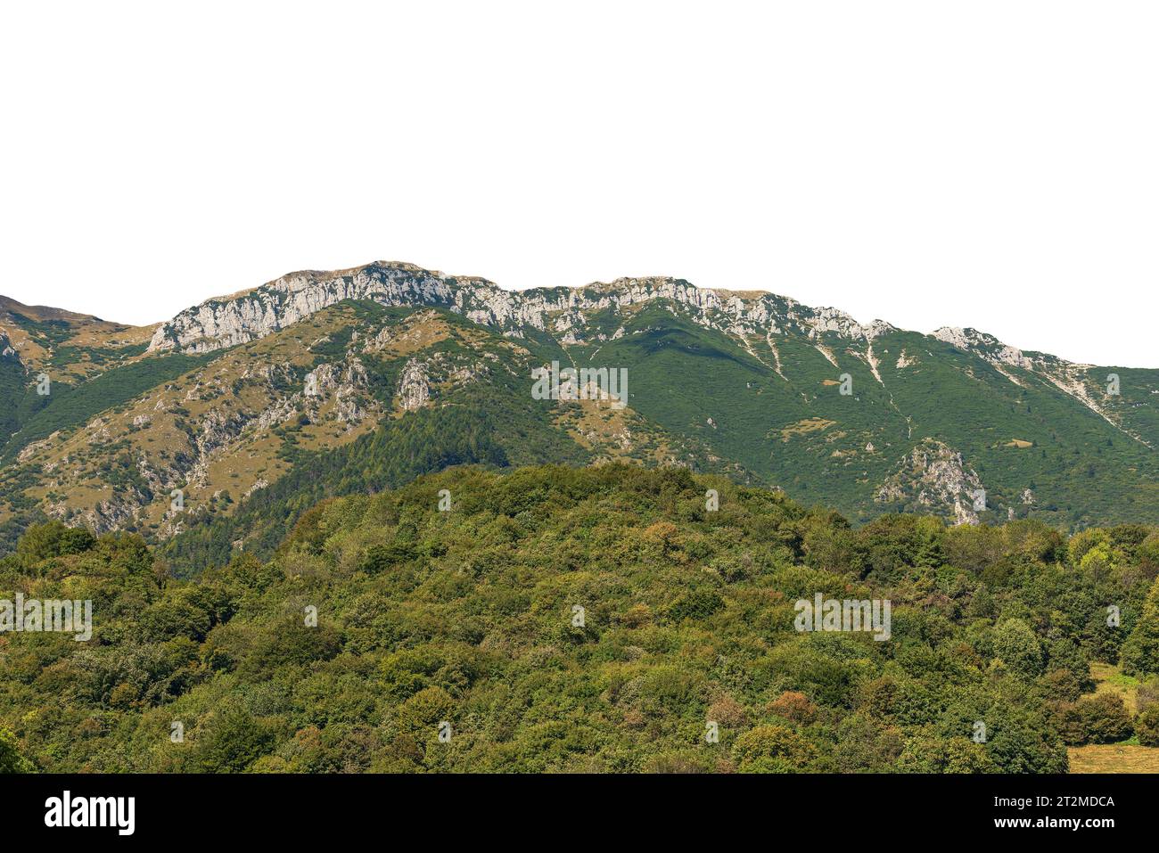Vette montuose delle Alpi italiane isolate su sfondo bianco in estate. Monte Baldo (Monte Baldo), catena montuosa tra il Lago di Garda e la Valle dell'Adige Foto Stock