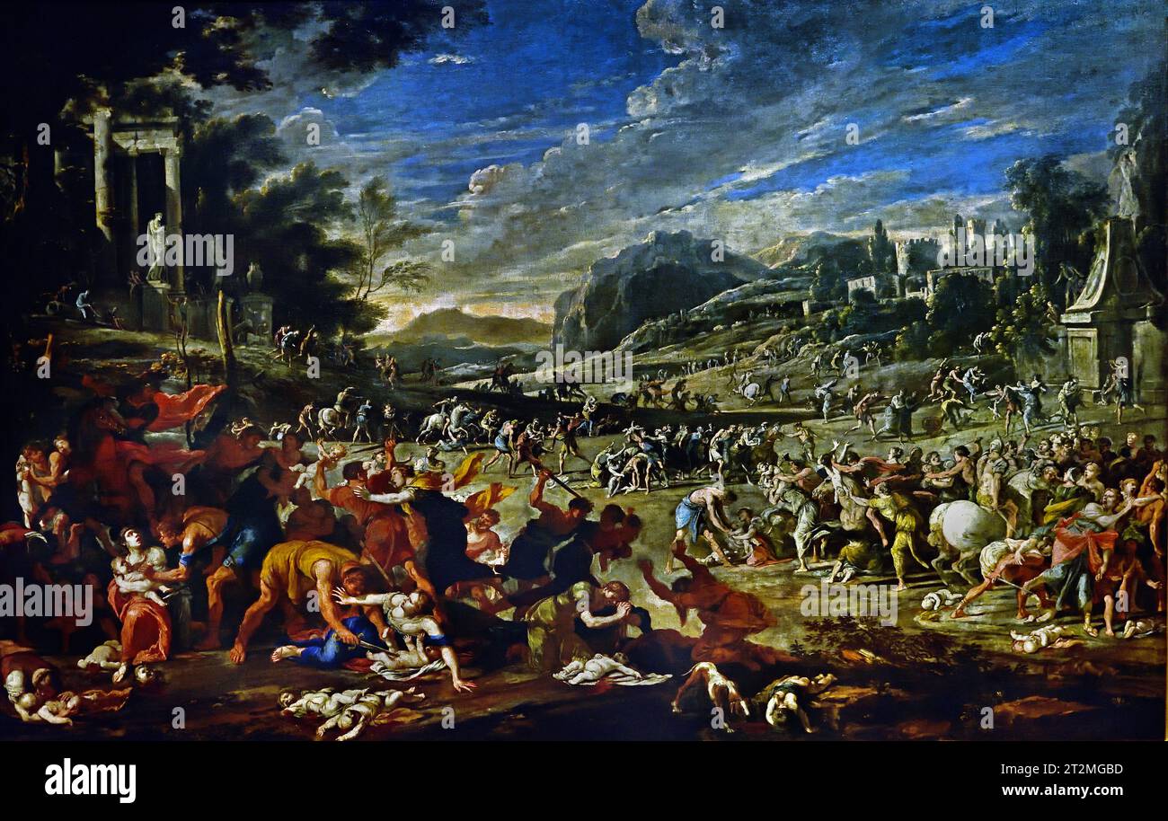 Massacro degli innocenti di Domenico Gargiulo, massacro degli innocenti, episodio raccontato nel Vangelo secondo Matteo. Erode il grande, re della Giudea, ordina un massacro di bambini per uccidere il neonato Gesù. Museo, Italia (Domenico Gargiulo detto Micco Spadaro (1609-1610 – 1675) è stato un pittore italiano del periodo barocco, attivo principalmente a Napoli ) Foto Stock