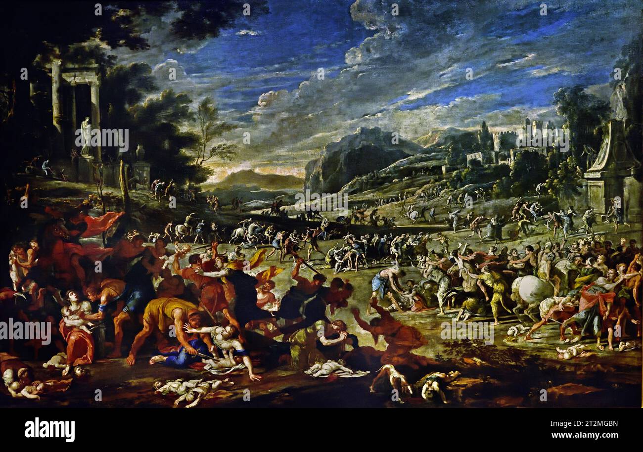 Massacro degli innocenti di Domenico Gargiulo, massacro degli innocenti, episodio raccontato nel Vangelo secondo Matteo. Erode il grande, re della Giudea, ordina un massacro di bambini per uccidere il neonato Gesù. Museo, Italia (Domenico Gargiulo detto Micco Spadaro (1609-1610 – 1675) è stato un pittore italiano del periodo barocco, attivo principalmente a Napoli ) Foto Stock
