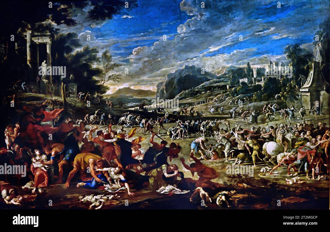 Massacro degli innocenti di Domenico Gargiulo, massacro degli innocenti, episodio raccontato nel Vangelo secondo Matteo. Erode il grande, re della Giudea, ordina un massacro di bambini per uccidere il neonato Gesù. Museo, Italia (Domenico Gargiulo detto Micco Spadaro (1609-1610 – 1675) è stato un pittore italiano del periodo barocco, attivo principalmente a Napoli ) Foto Stock