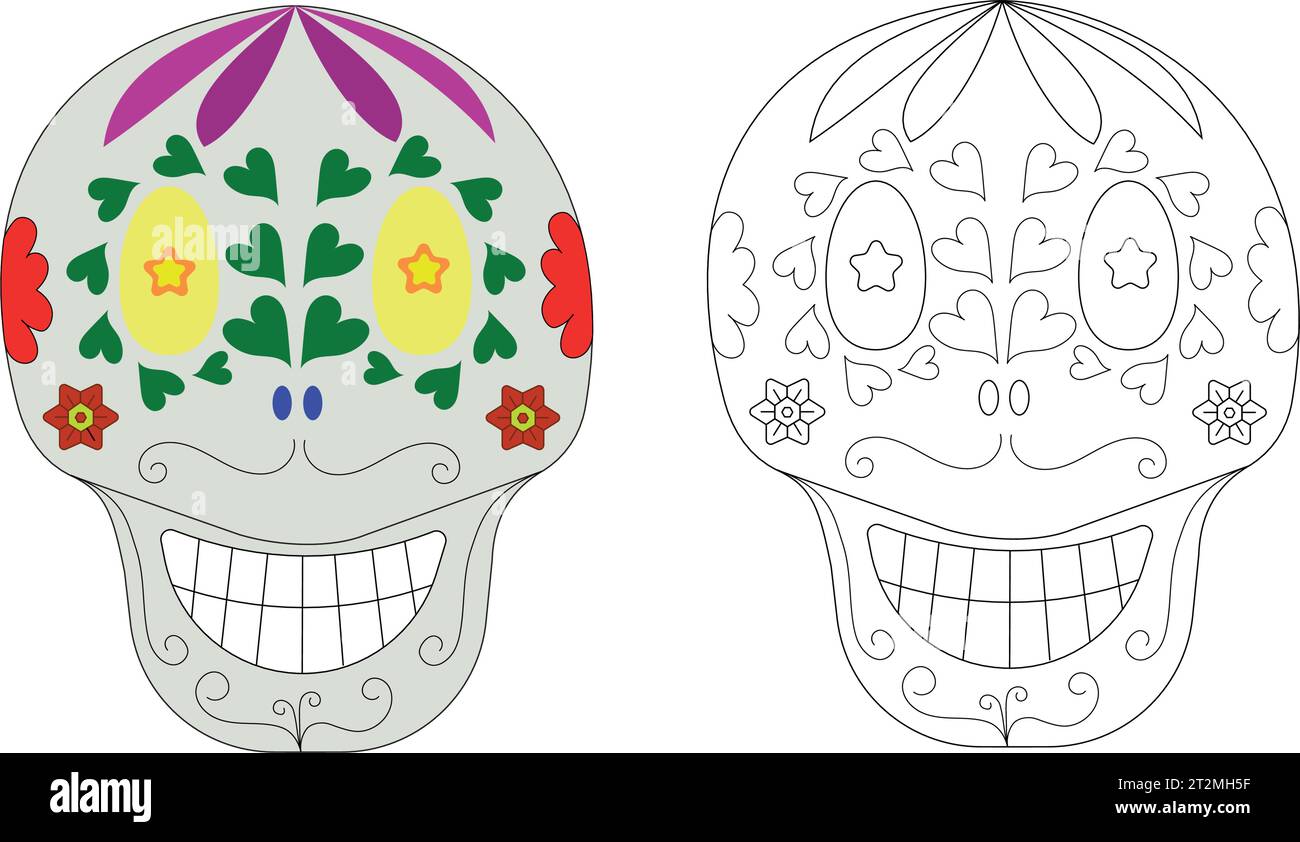 Dia Los Muertos, il giorno dei morti o Halloween messicano. Decorazioni con fiori possono essere utilizzate per la pittura. Sfondo illustrazione vettore cranio. Illustrazione Vettoriale