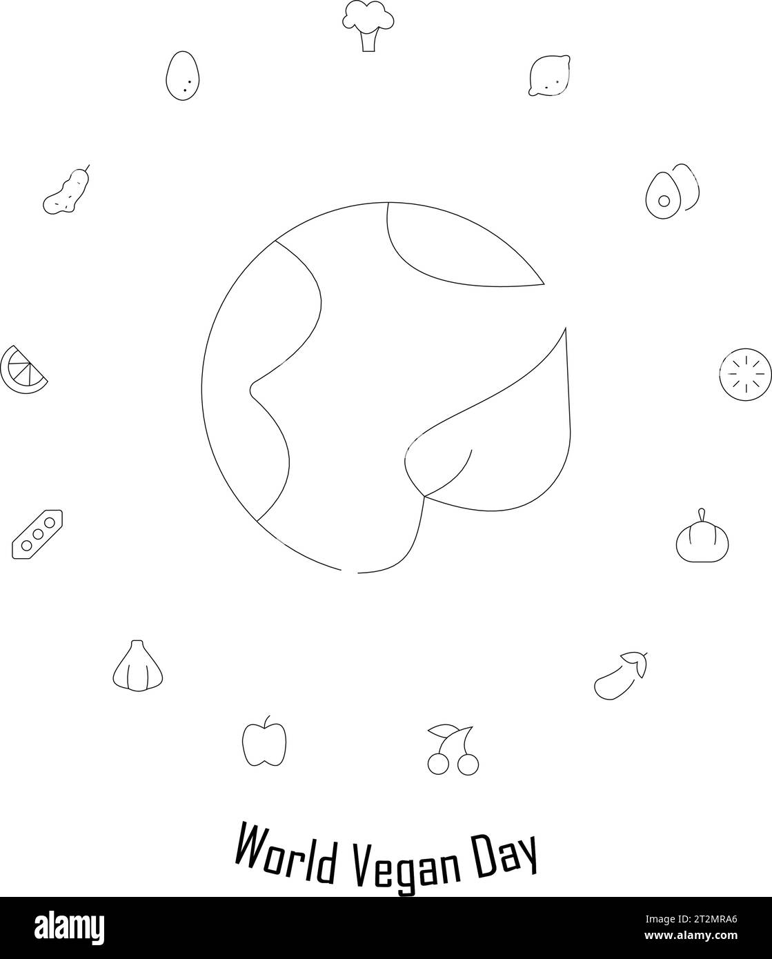 Giornata mondiale vegana, giornata mondiale vegetariana. Cornice disegnata a mano con frutta e verdura. Illustrazione Vettoriale
