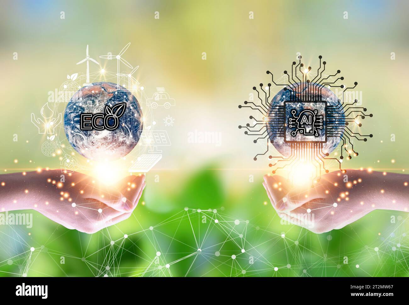 Sviluppo sostenibile e operazioni commerciali basate sulle energie rinnovabili un concetto ecologico che utilizza le energie rinnovabili e l'intelligenza artificiale Foto Stock