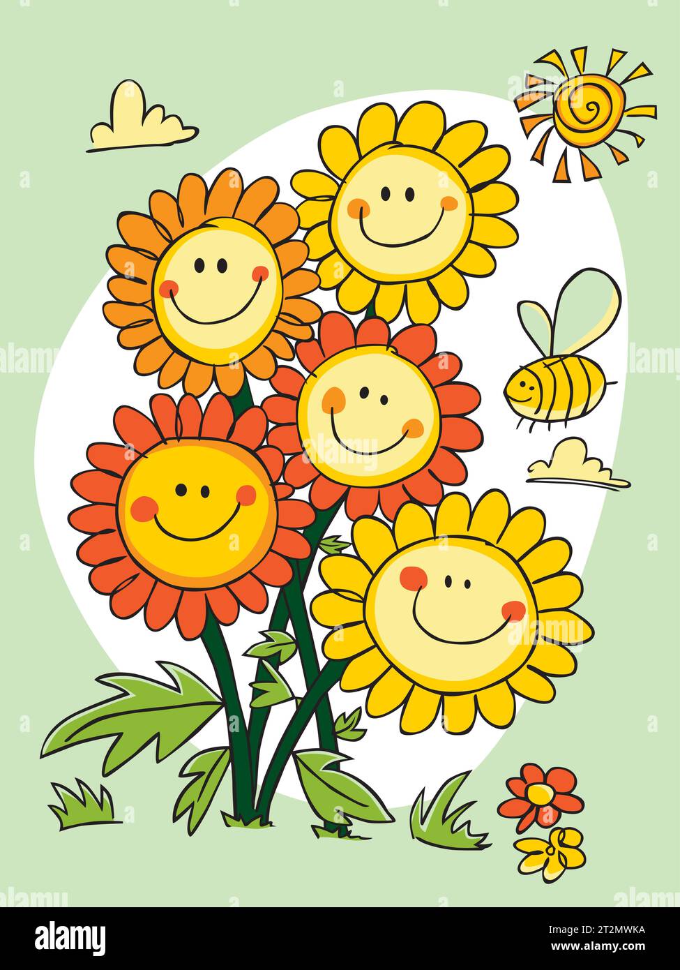 Ritratto di fiori a margherita vettoriale carino, allegro e sfacciato, con illustrazione di api e sole. Perfetto per biglietti di auguri. Illustrazione Vettoriale