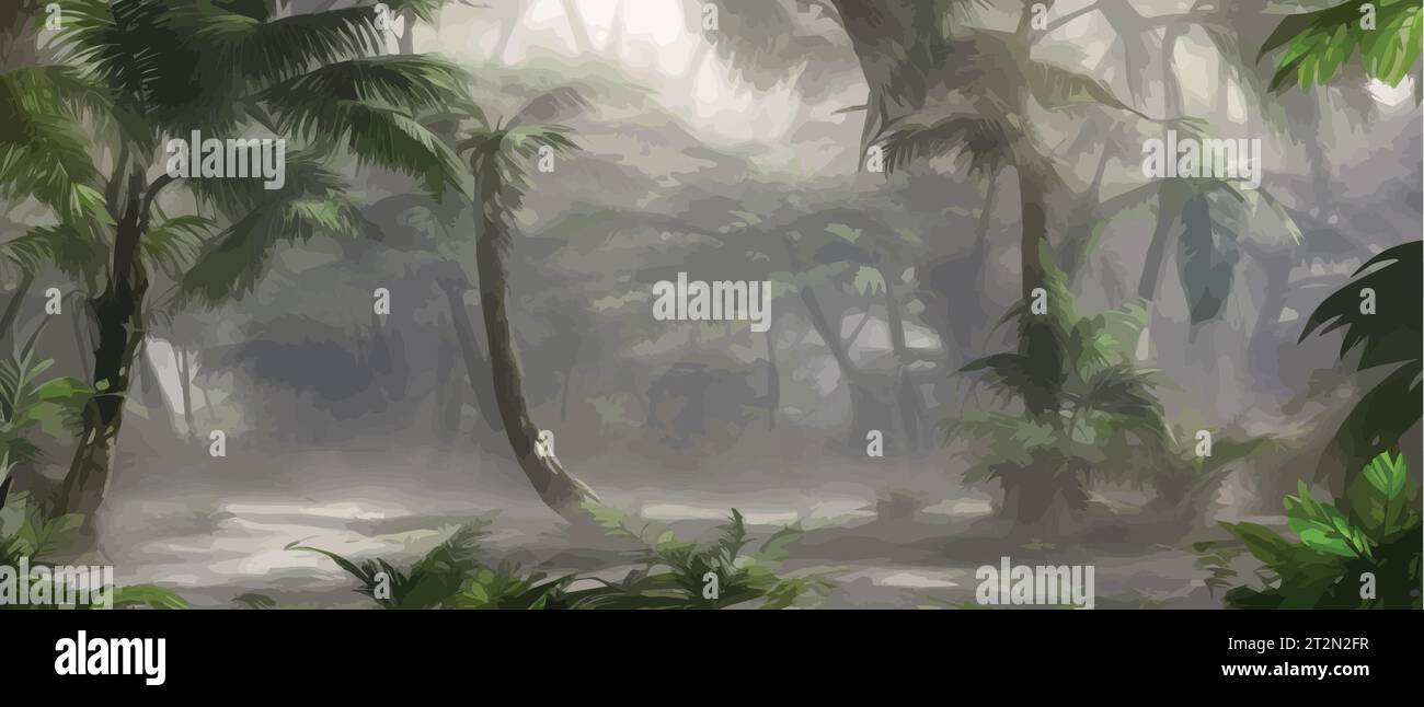 Foresta tropicale foggy con palme e foglie verdi. Banner per il turismo e il turismo, stagione estiva, stampa tessuti. Illustrazione vettoriale Illustrazione Vettoriale