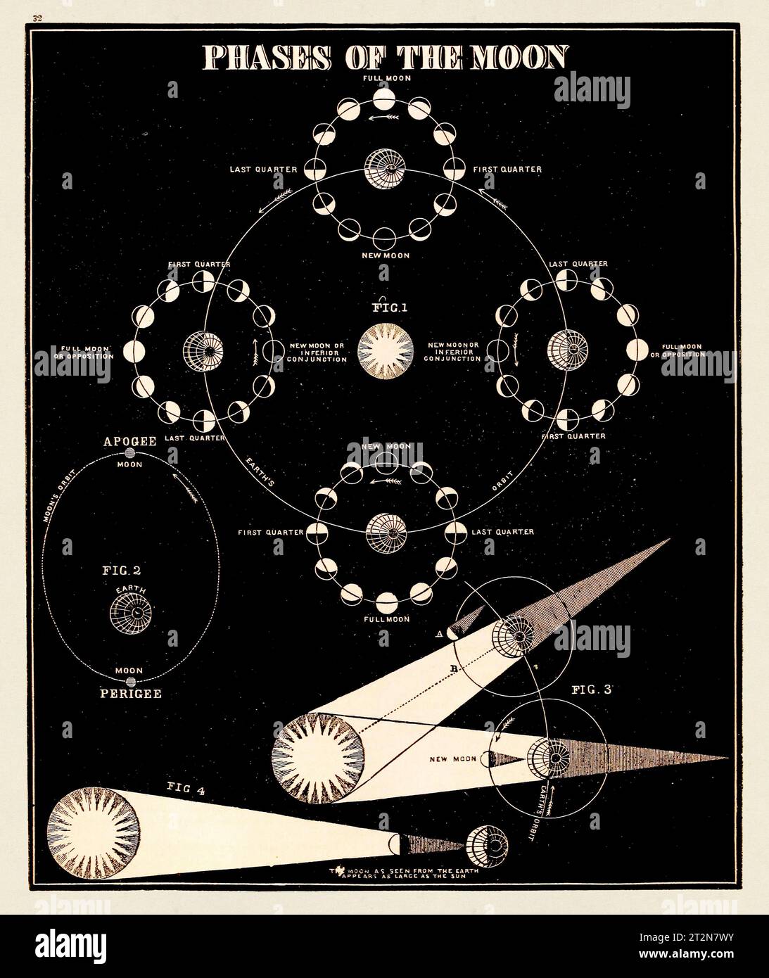 Illustrazione antica di astronomia. Fasi della Luna. Circa 1850 Foto Stock