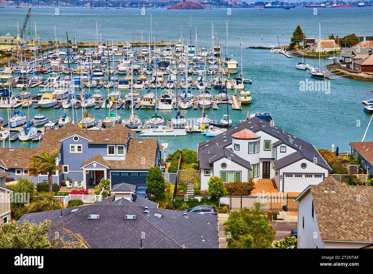 Il Tiburon Yacht Club ospita case affacciate sul Paradise Cay Yacht Harbor, piene di barche Foto Stock