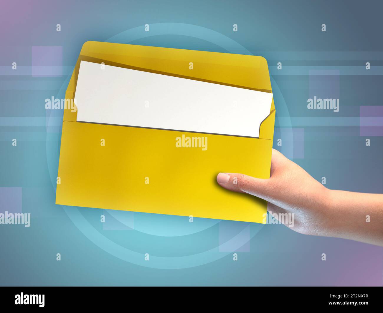 Aprire una busta gialla con un documento vuoto all'interno. Illustrazione digitale, rendering 3D. Foto Stock