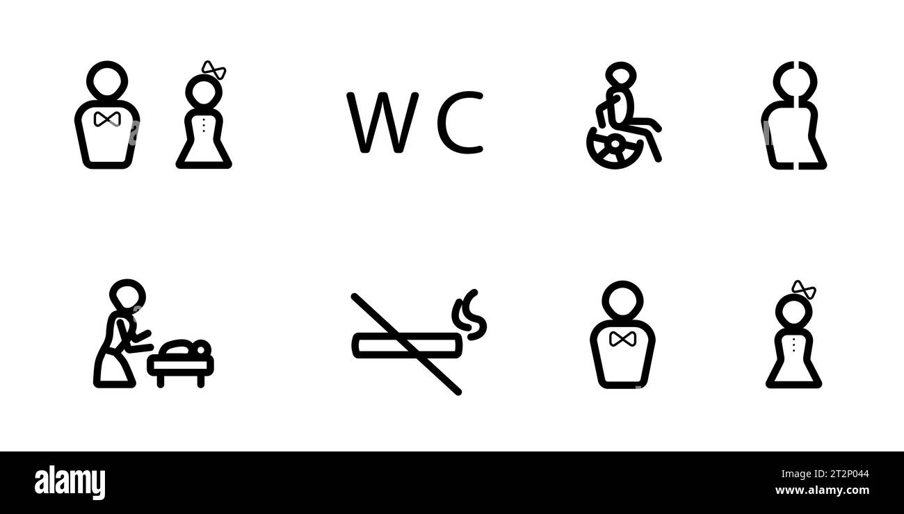 Set di icone originali con linea nera di cartelli wc e WC, simboli creativi dei servizi igienici vettoriali Illustrazione Vettoriale