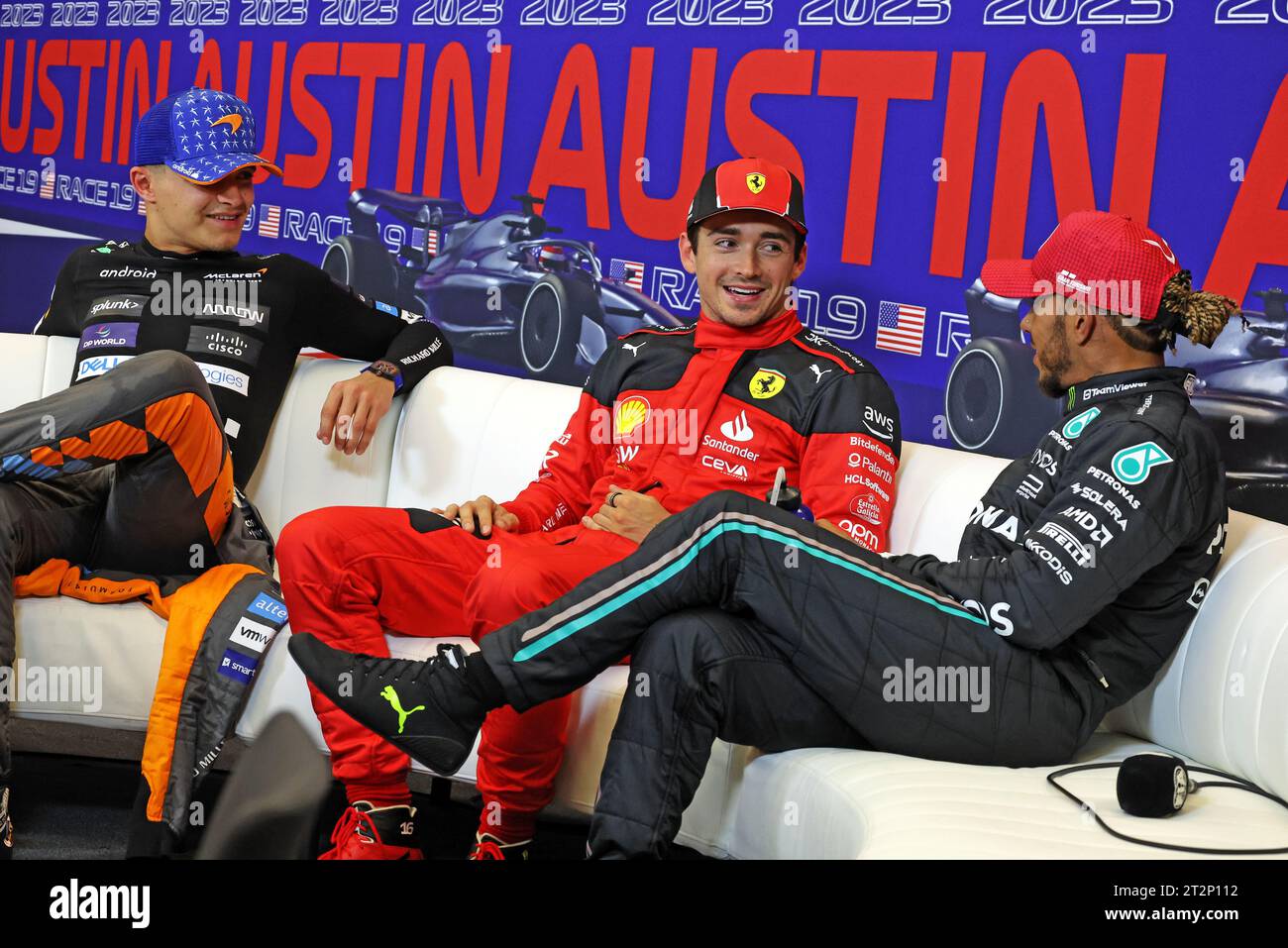 Austin, USA. 20 ottobre 2023. (Da L a R): Lando Norris (GBR) McLaren; Charles Leclerc (MON) Ferrari; e Lewis Hamilton (GBR) Mercedes AMG F1, in post qualifica FIA Press Conference. 20.10.2023. Formula 1 World Championship, Rd 19, United States Grand Prix, Austin, Texas, USA, Qualifying Day Photo Credit dovrebbe leggere: XPB/Press Association Images. Credito: XPB Images Ltd/Alamy Live News Foto Stock