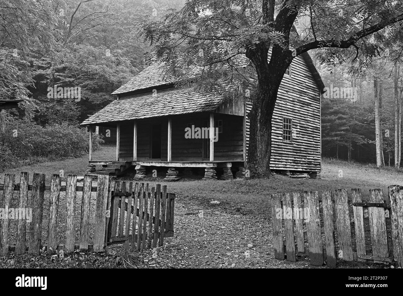 Fotografia in bianco e nero di Tifton Place, Cades Cove, Great Smoky Mountains National Park, Tennessee Foto Stock