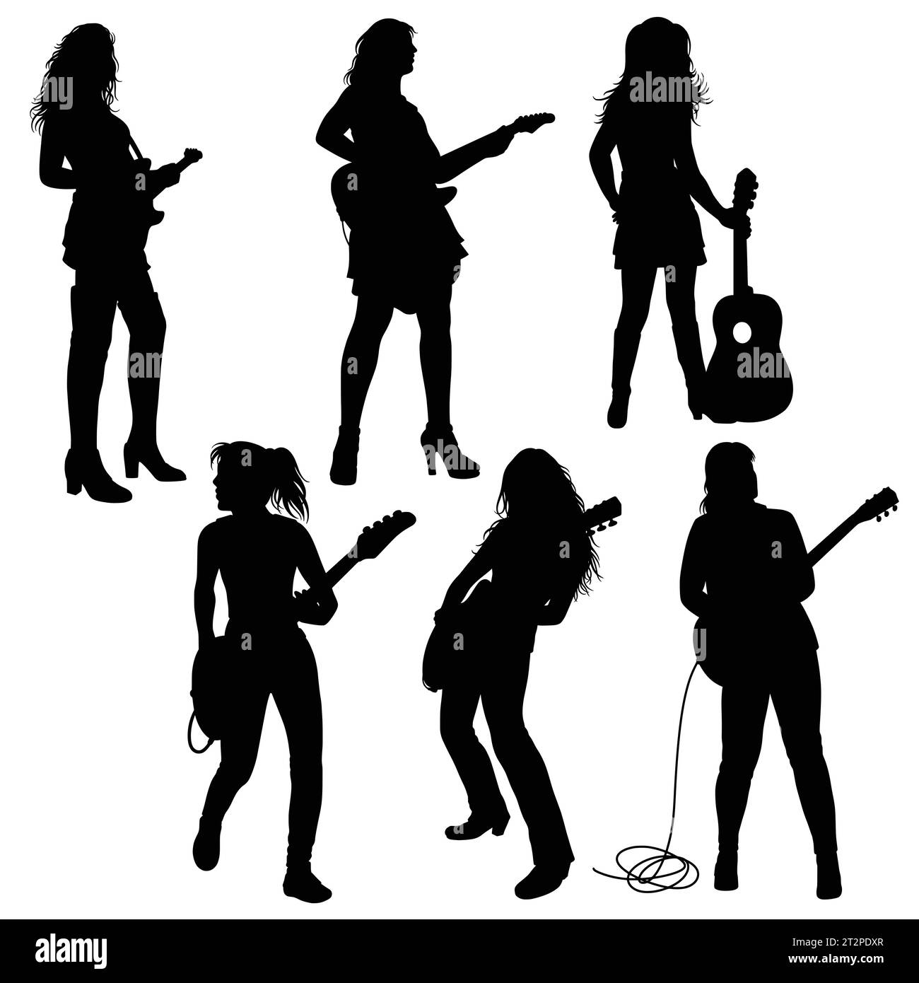 chitarrista maschile e femminile con silhouette per performance musicali Illustrazione Vettoriale