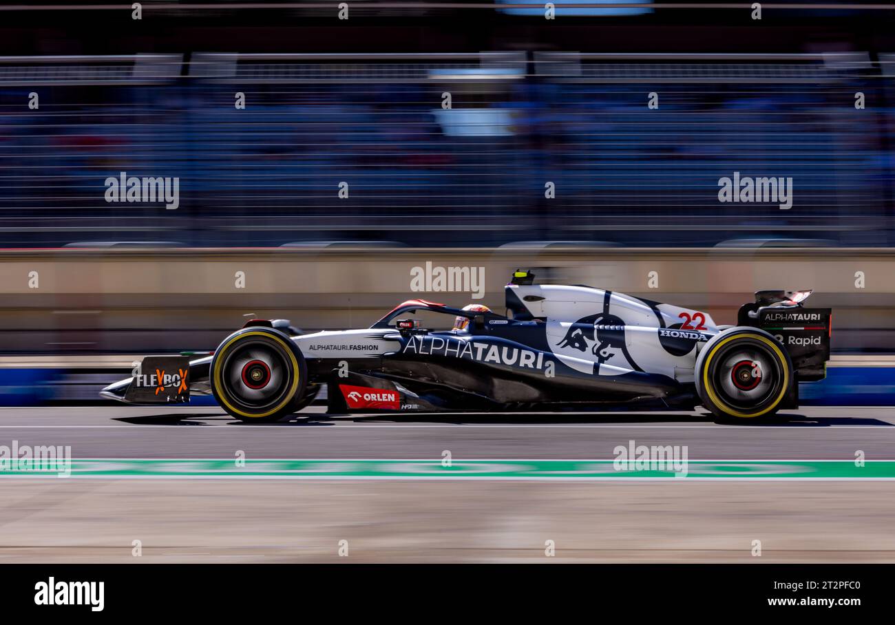 Austin, Texas - 20 ottobre 2023: Yuki Tsunoda, pilota della scuderia Alphaturi n. 22, gareggia nel Gran Premio degli Stati Uniti di Lenovo sul circuito delle Americhe. Crediti: Nick Paruch/Alamy Live News Foto Stock