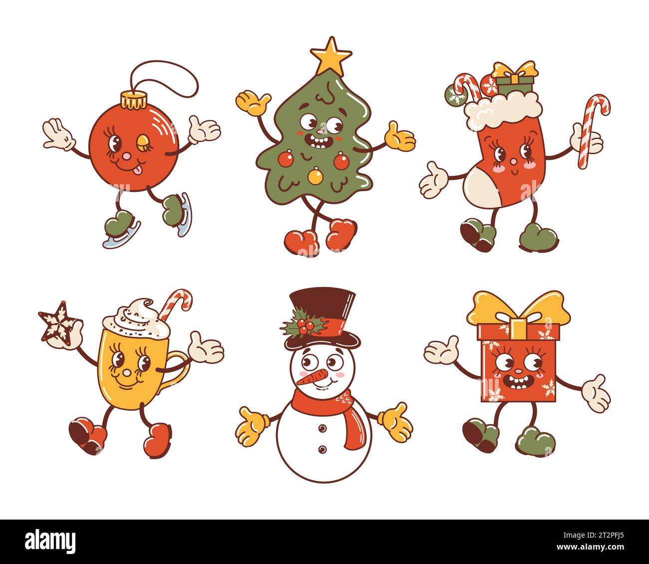 Pupazzo di neve, albero di Natale e calza, regalo e tazza di cioccolata calda, palla sta pattinando. Simpatici personaggi in stile cartoni animati retrò che ballano. Per gli adesivi, scrivi Illustrazione Vettoriale