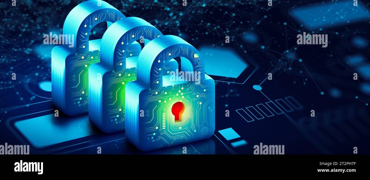 Lucchetto con Keyhole in sicurezza dei dati sul punto di convergenza del circuito. Privacy dei dati informatici e delle informazioni. Sicurezza tecnologica futura. Foto Stock