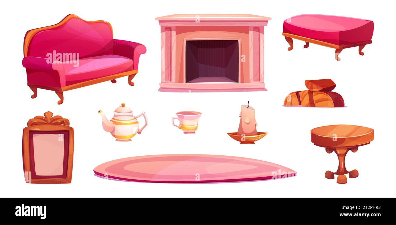 Gli elementi di design degli interni del soggiorno vittoriano sono isolati su sfondo bianco. Illustrazione vettoriale di divano e poggiapiedi rosa, tavolo in legno Illustrazione Vettoriale