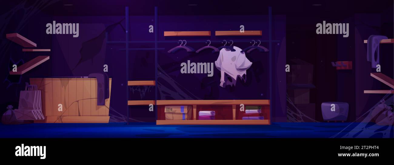 Di notte la boutique di tessuti abbandonati è chiusa con muri, scaffali e registratore di cassa rotti. Cartoon Vector Dark ha distrutto la stanza del negozio all'interno con un'app danneggiata Illustrazione Vettoriale