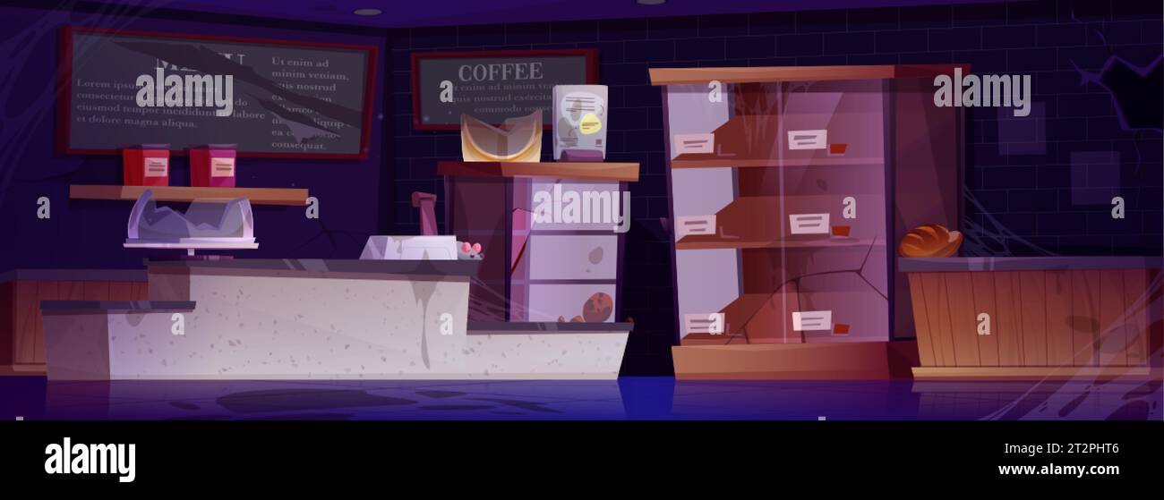 Caffè abbandonato con mobili polverosi e vetri rotti. Illustrazione di cartoni animati vettoriali che mostra l'interno di un bar in bancarotta, pane raffermo, topo sullo scaffale, sporco Illustrazione Vettoriale