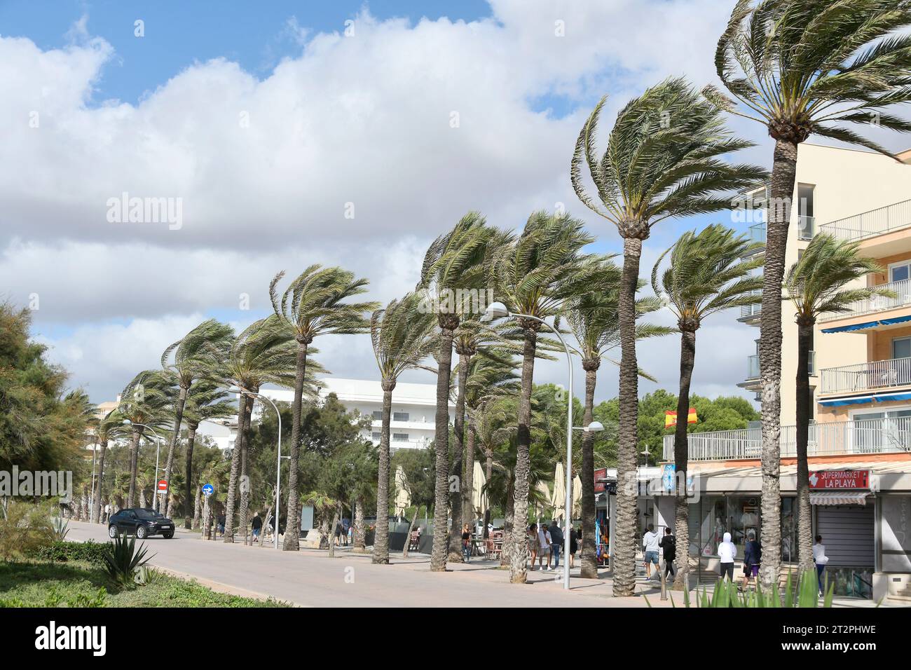 Immagini del maltempo sulla spiaggia di Palma a Maiorca. I turisti camminano calorosamente durante la tempesta di vento Aline nell'ottobre 2023. Foto Stock