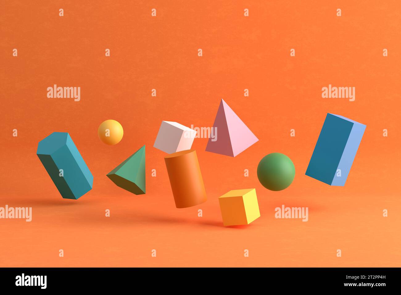 Forme geometriche colorate che levitano su sfondo arancione. Le forme cubiche, coniche, sferiche, piramidi ed esagonali saltano. Illustrazione 3D astratta Foto Stock