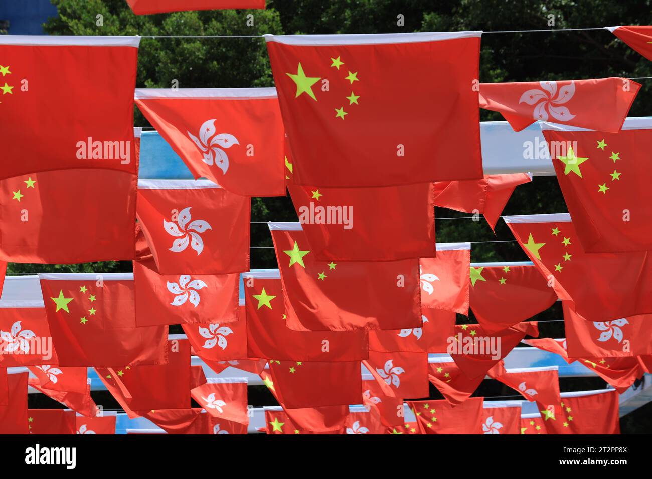 Bandiera cinese e di hong kong allestita per celebrare il 74° anniversario della giornata Nazionale della Repubblica Popolare Cinese a sheung wan , ho Foto Stock