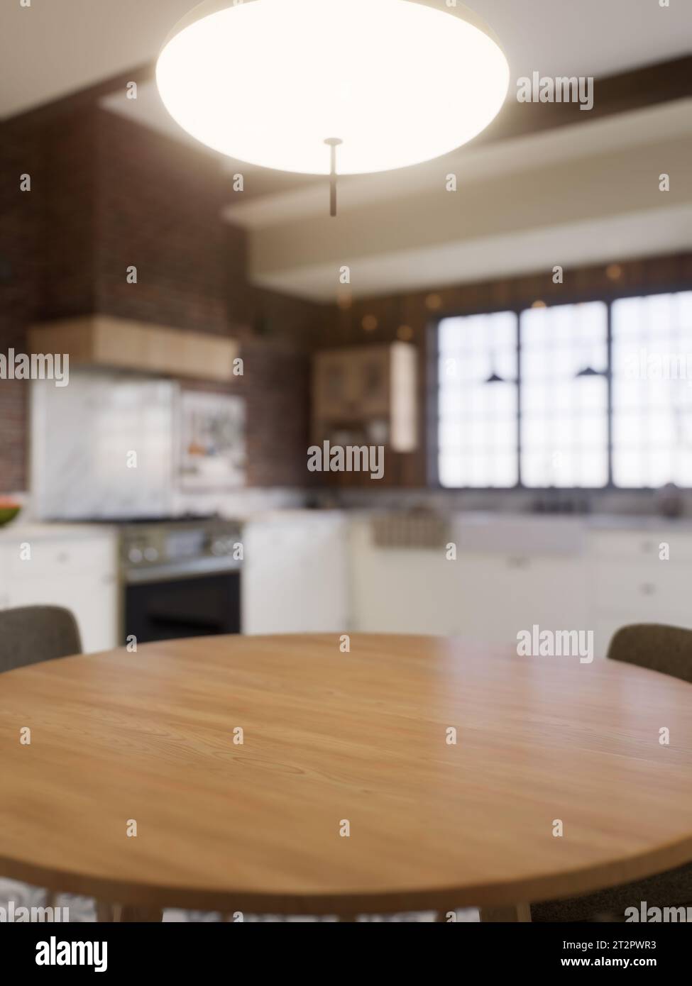 Cucina con un'enfasi sulla superficie del tavolo da cucina con uno sfondo sfocato - un luogo dove posizionare i prodotti. Foto Stock