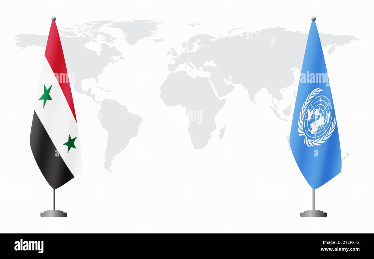 Siria e Nazioni Unite bandiere per un incontro ufficiale sullo sfondo della mappa mondiale. Illustrazione Vettoriale