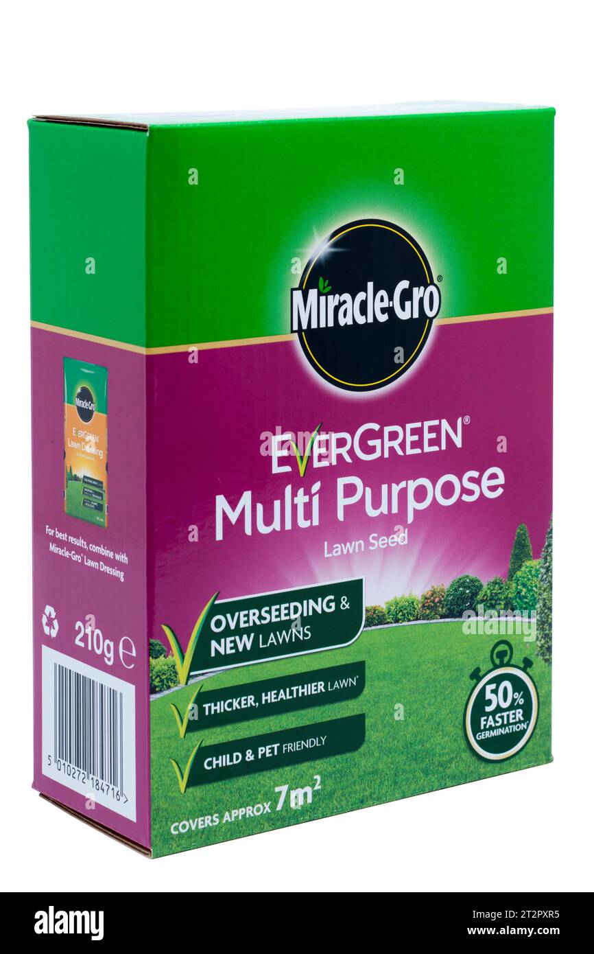 Scatola di semi da prato multiuso Miracle Gro Evergreen per la semina e nuovi prati Foto Stock