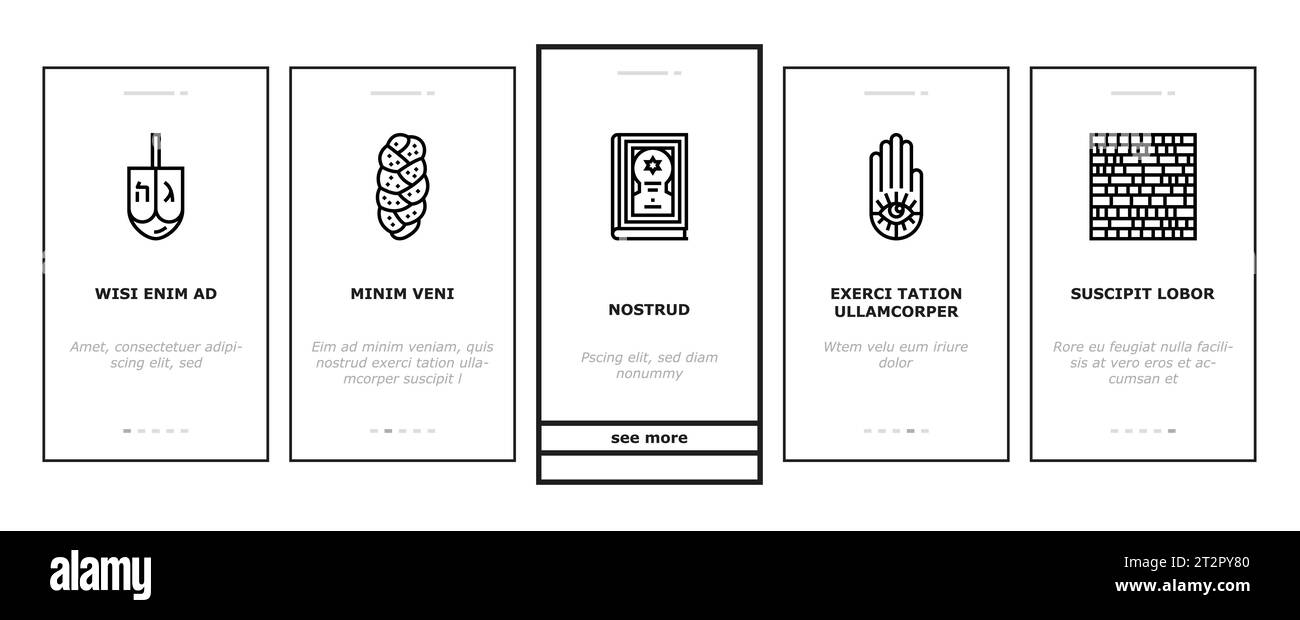 ebraismo ebreo ebreo israele torah onboarding icons set vector Illustrazione Vettoriale