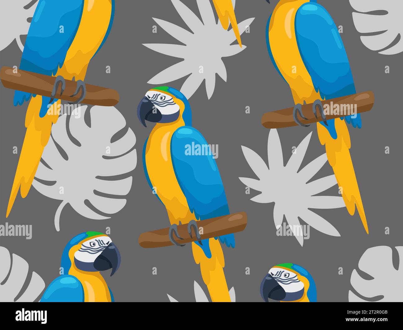 Brillante motivo tropicale senza cuciture. Stampa vettoriale con pappagalli buffi ara seduti su rami con foglie di palma su sfondo scuro. Piatto Illustrazione Vettoriale