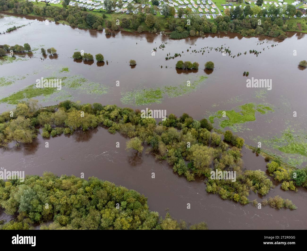 Ripon, North Yorkshire, Regno Unito. 21 ottobre 2023. Il fiume Ure sbarca le sue rive alla periferia di Ripon, North Yorkshire, Regno Unito, dopo la tempesta Babet. Crediti: Mick Flynn/Alamy Live News Foto Stock