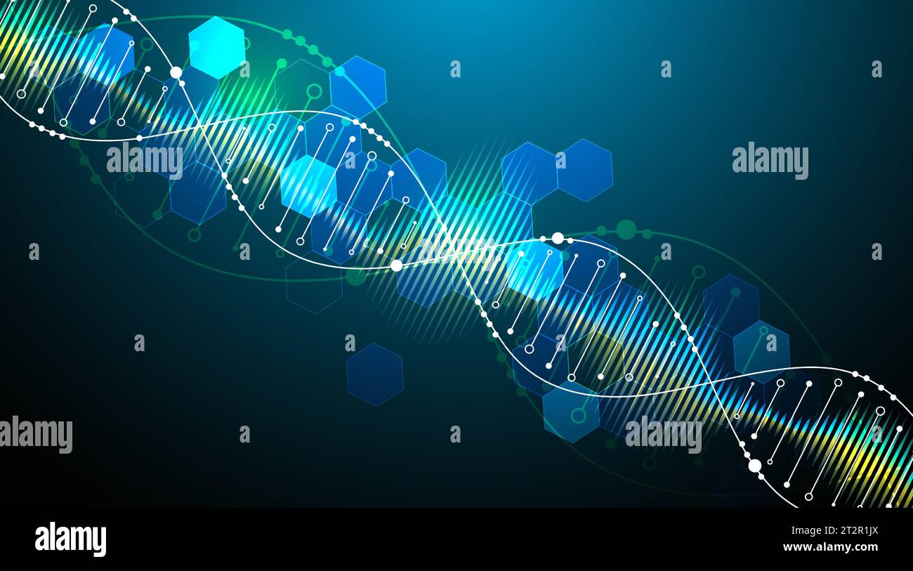 Modello scientifico, sfondo o banner con molecole di DNA. Illustrazione vettoriale. Illustrazione Vettoriale