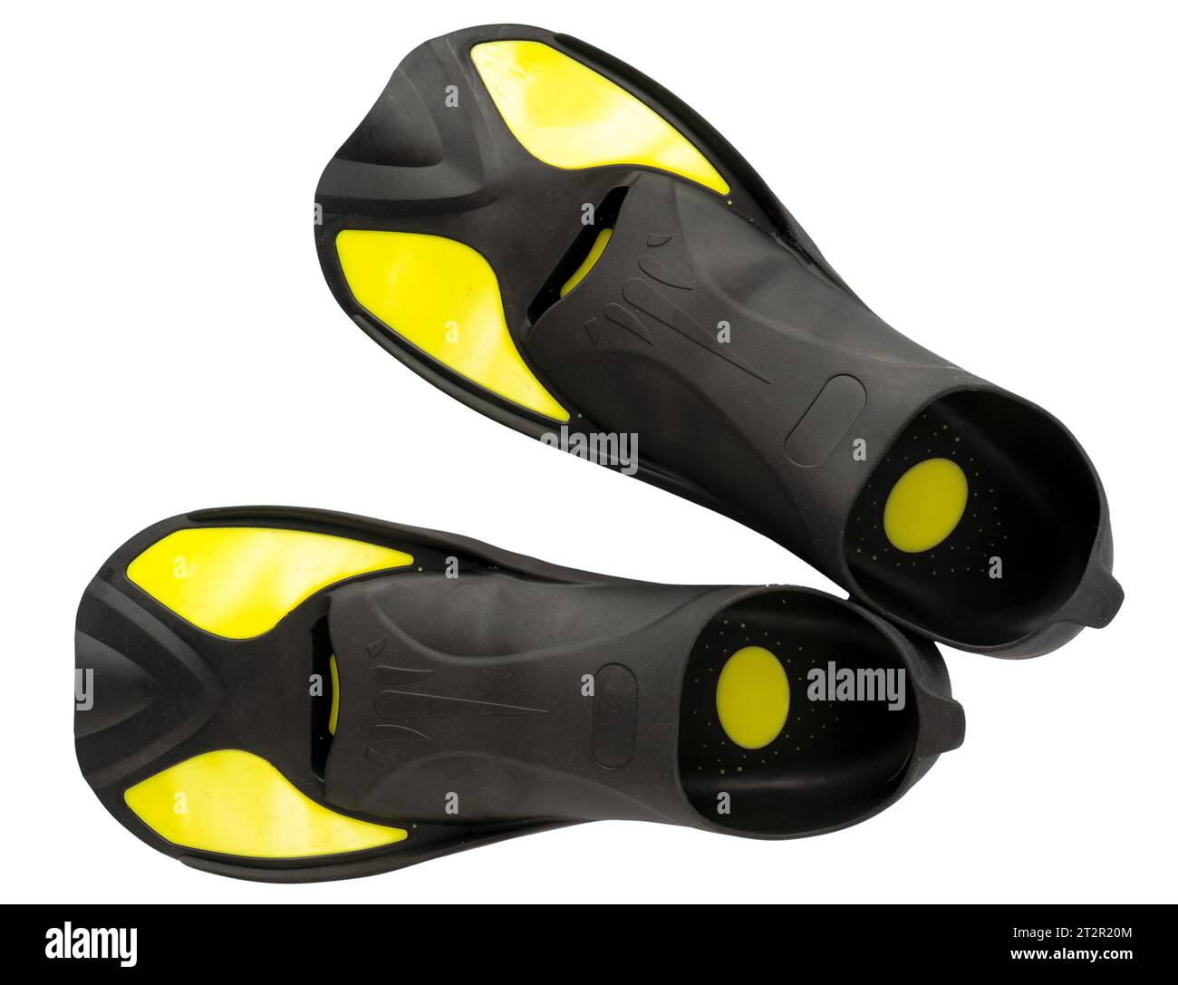 Nuotate con le pinne isolate su uno sfondo bianco. Flipper per piscina. Pagaia per immersioni. Accessori per scarpe sportive. L'ultima per le immersioni. Attrezzatura sportiva per immersioni. Abbina le scarpe. Scarpe da snorkeling per il mare. Giallo nero Foto Stock