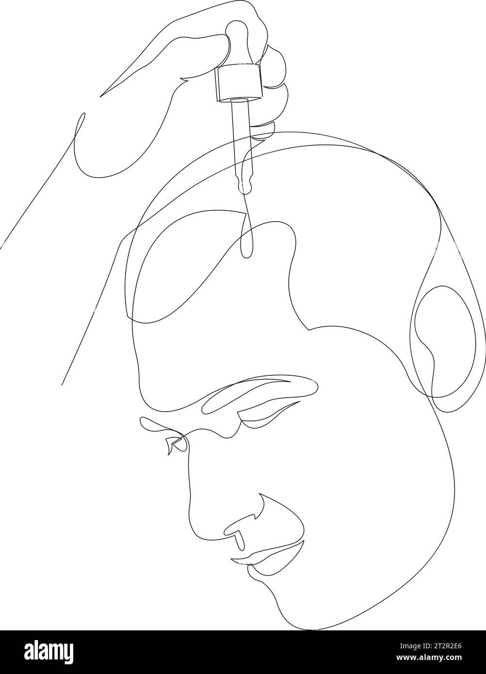 Disegno continuo a una linea della pipetta con supporto manuale per alopecia e calvizie. Applicazione dell'essenza di olio per la cura dei capelli sul cuoio capelluto. Perdita di capelli tr Illustrazione Vettoriale