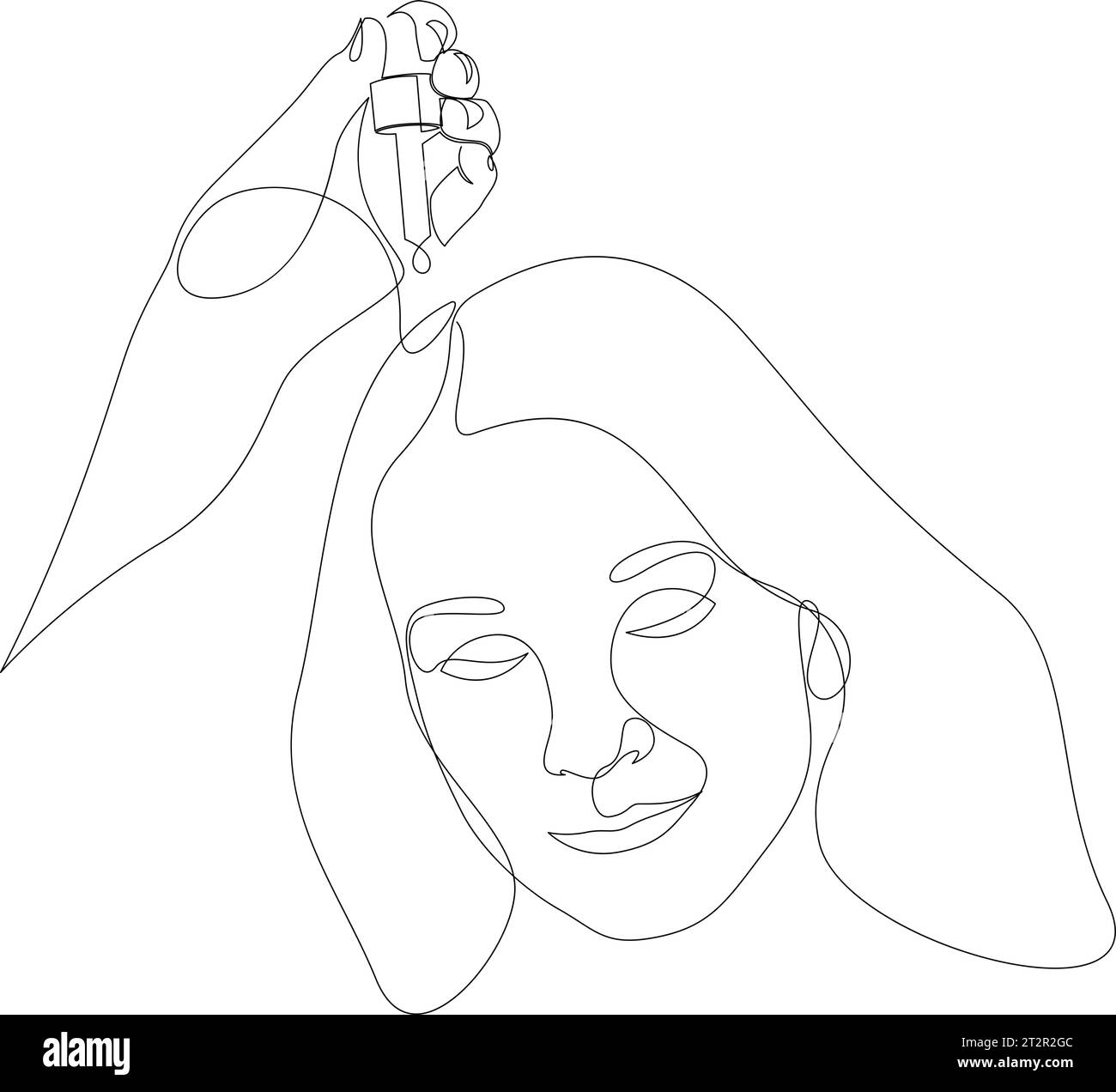 Disegno continuo a una linea della pipetta con supporto manuale per alopecia e calvizie. Applicare l'essenza di olio per la cura dei capelli al cuoio capelluto della donna. Perdita di capelli Illustrazione Vettoriale