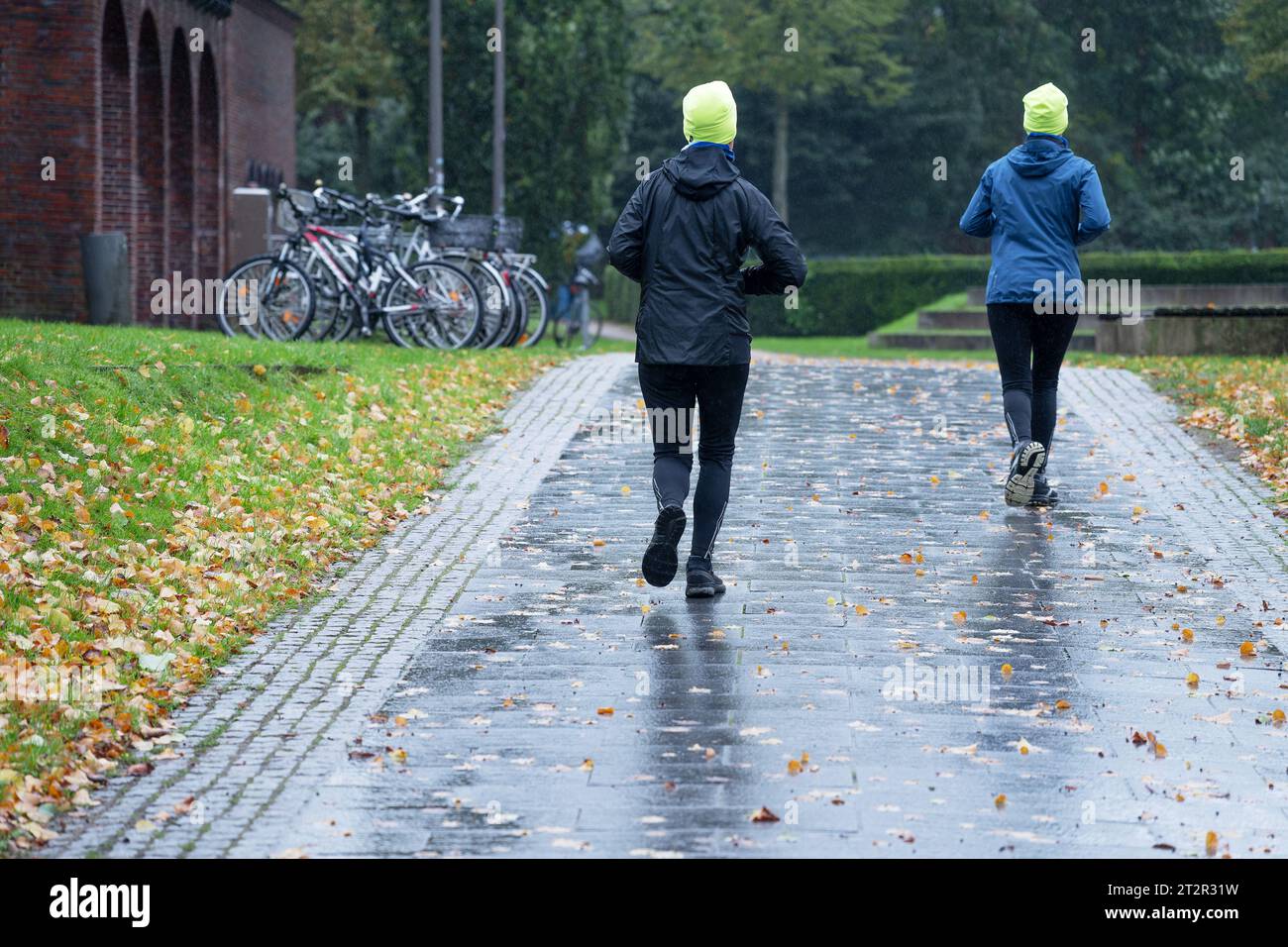 Due donne sportive da dietro con cappellini gialli al neon che fanno jogging sotto la pioggia attraverso un parco autunnale, non c'è maltempo per un sano atto all'aperto Foto Stock