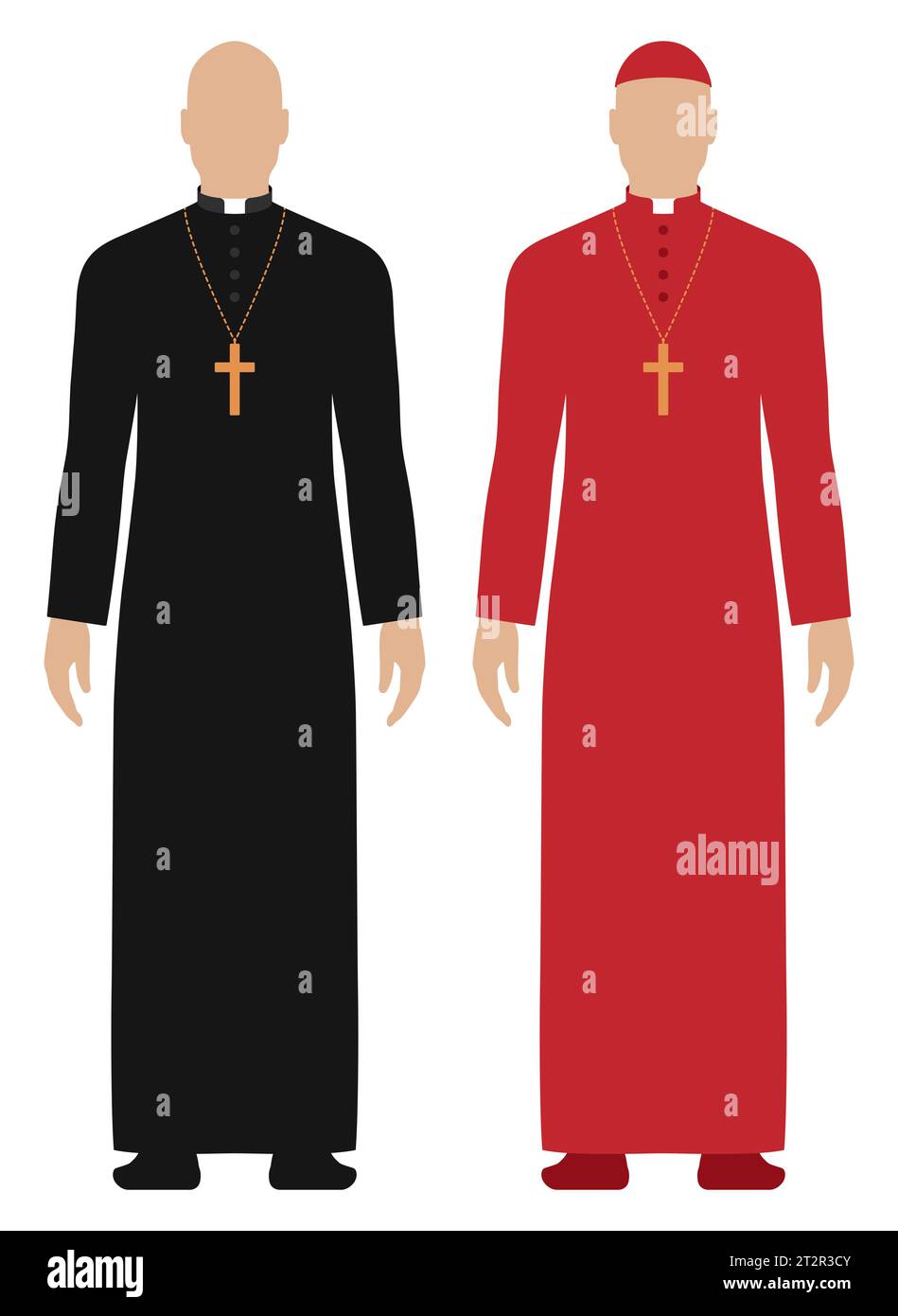 Serie vettoriale di sacerdoti vestiti in nero e rosso, isolati su sfondo bianco. Illustrazione Vettoriale