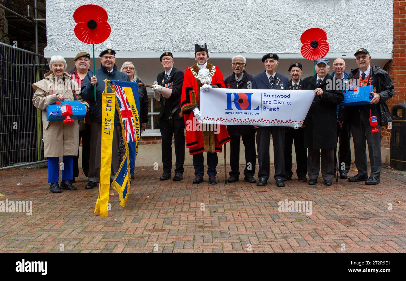 Brentwood Essex 21 ottobre 2023 il ramo di Brentwood della Royal British Legion lancia l'appello papavero con il sindaco di Brentwood Gareth Barrett e i veterani in vista del lancio dell'appello in negozi, ristoranti, cuccioli, chiese e scuole intorno al quartiere credito: Richard Lincoln/Alamy Live News Foto Stock