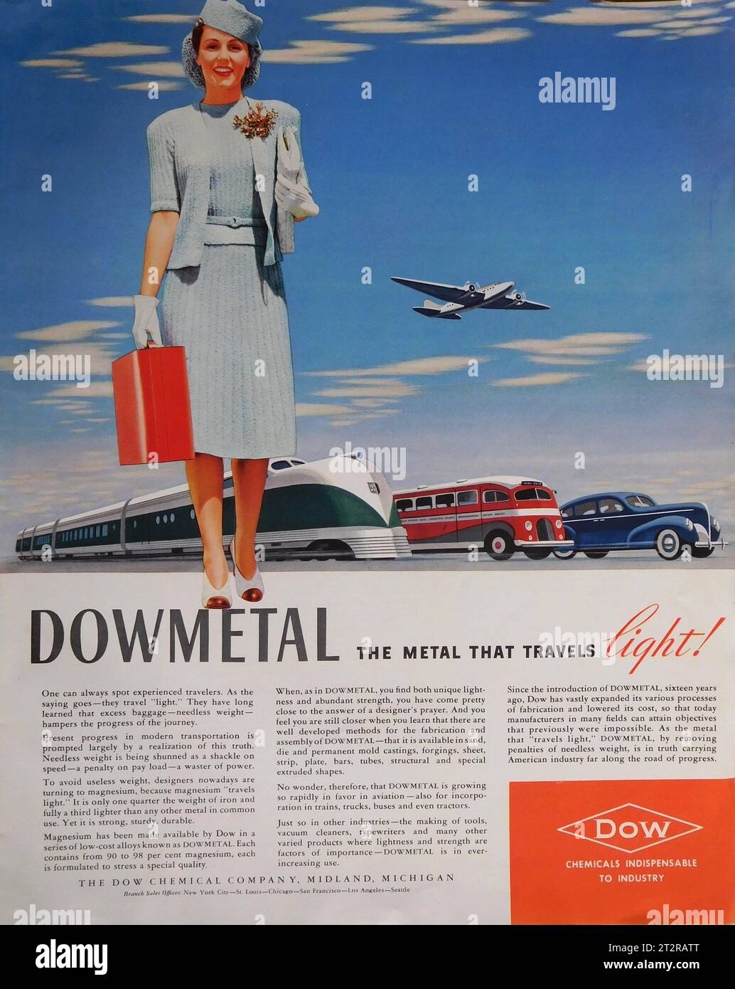 DOWMETAL The Metal That Travels Light 1940 US Magazine Advertisement per la Dow Chemical Company Foto Stock