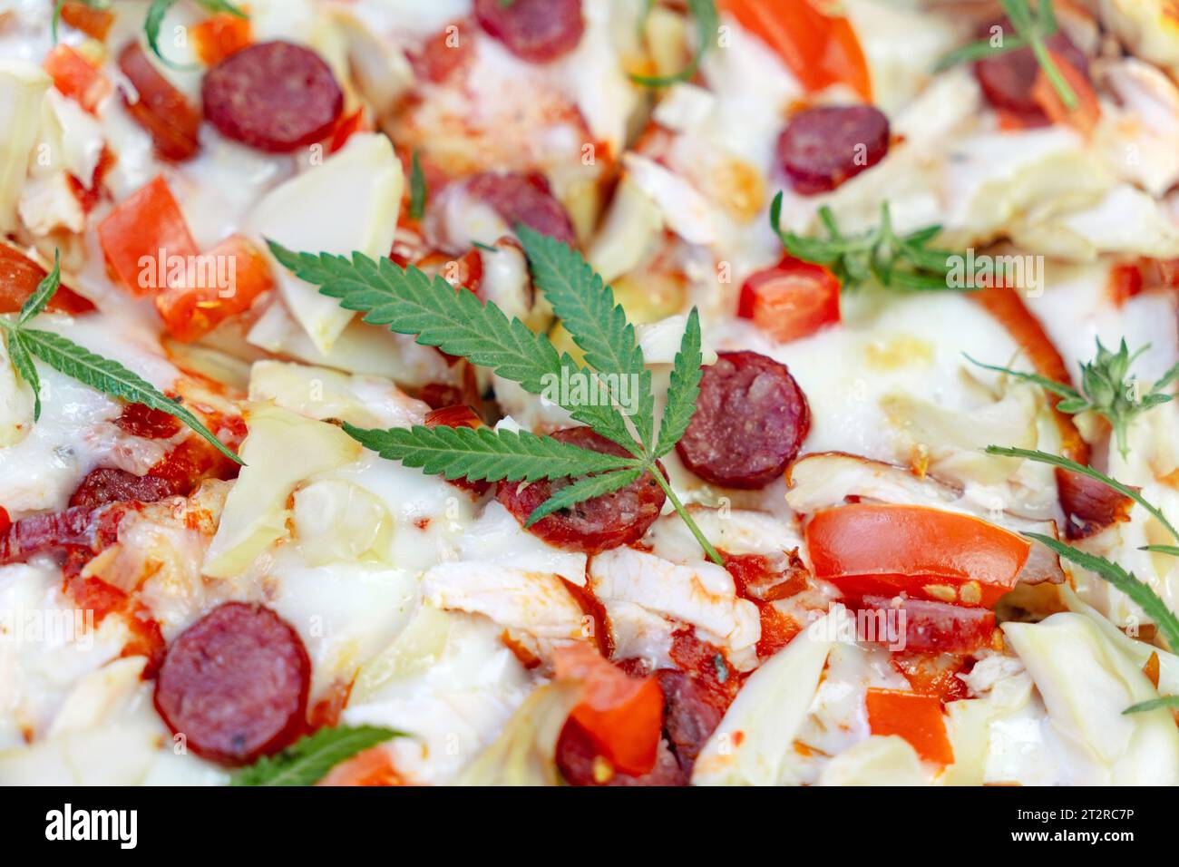 Pizza con foglie di marijuana cucinare cibo da prodotti di cannabis. Cucina nazionale del Sud-Est Asiatico cambogia tailandia. primo piano vista dall'alto, macro, Foto Stock