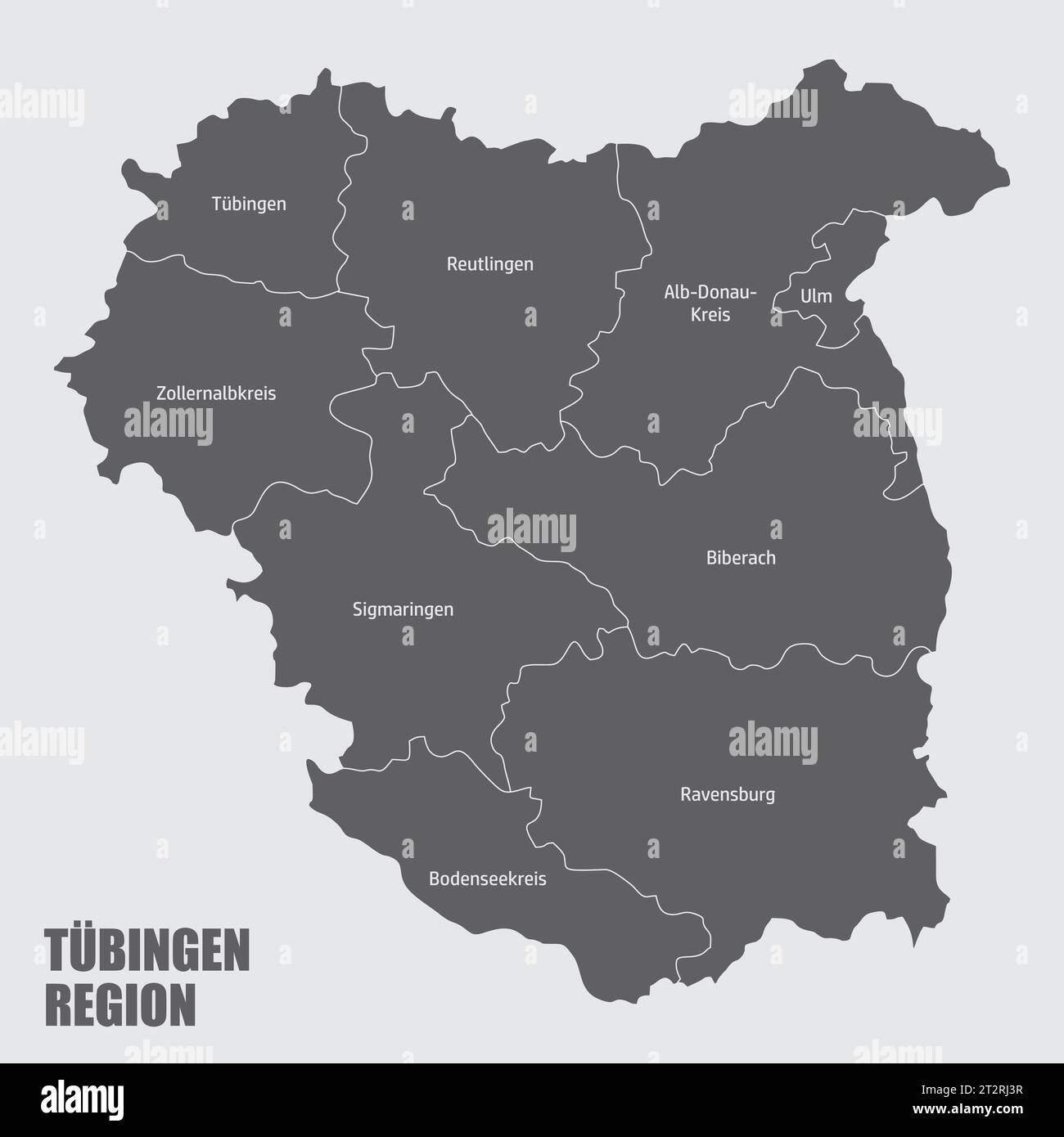 Mappa amministrativa della regione di Tubingen isolata su sfondo grigio, Germania Illustrazione Vettoriale