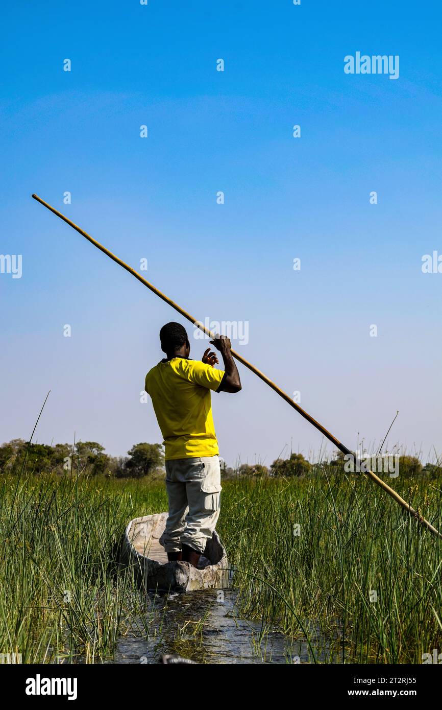 Un pescatore sta guidando con la sua barca attraverso il Delta dell'Okavango Foto Stock