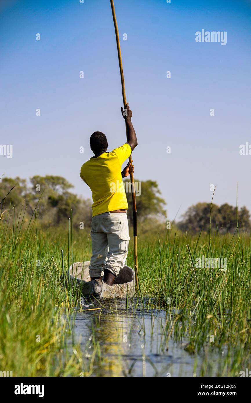 Un pescatore sta guidando con la sua barca attraverso il Delta dell'Okavango Foto Stock