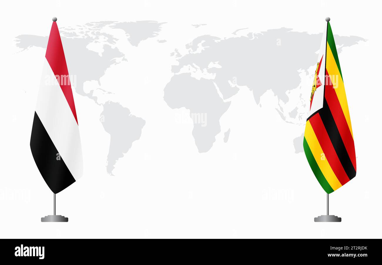 Lo Yemen e lo Zimbabwe bandiere per un incontro ufficiale sullo sfondo della mappa mondiale. Illustrazione Vettoriale
