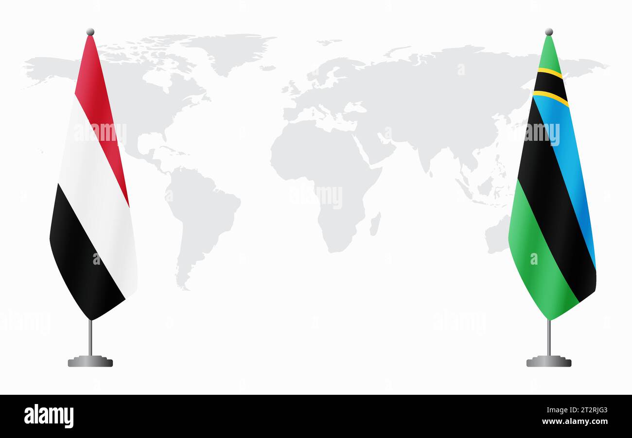 Bandiere dello Yemen e di Zanzibar per un incontro ufficiale sullo sfondo della mappa mondiale. Illustrazione Vettoriale