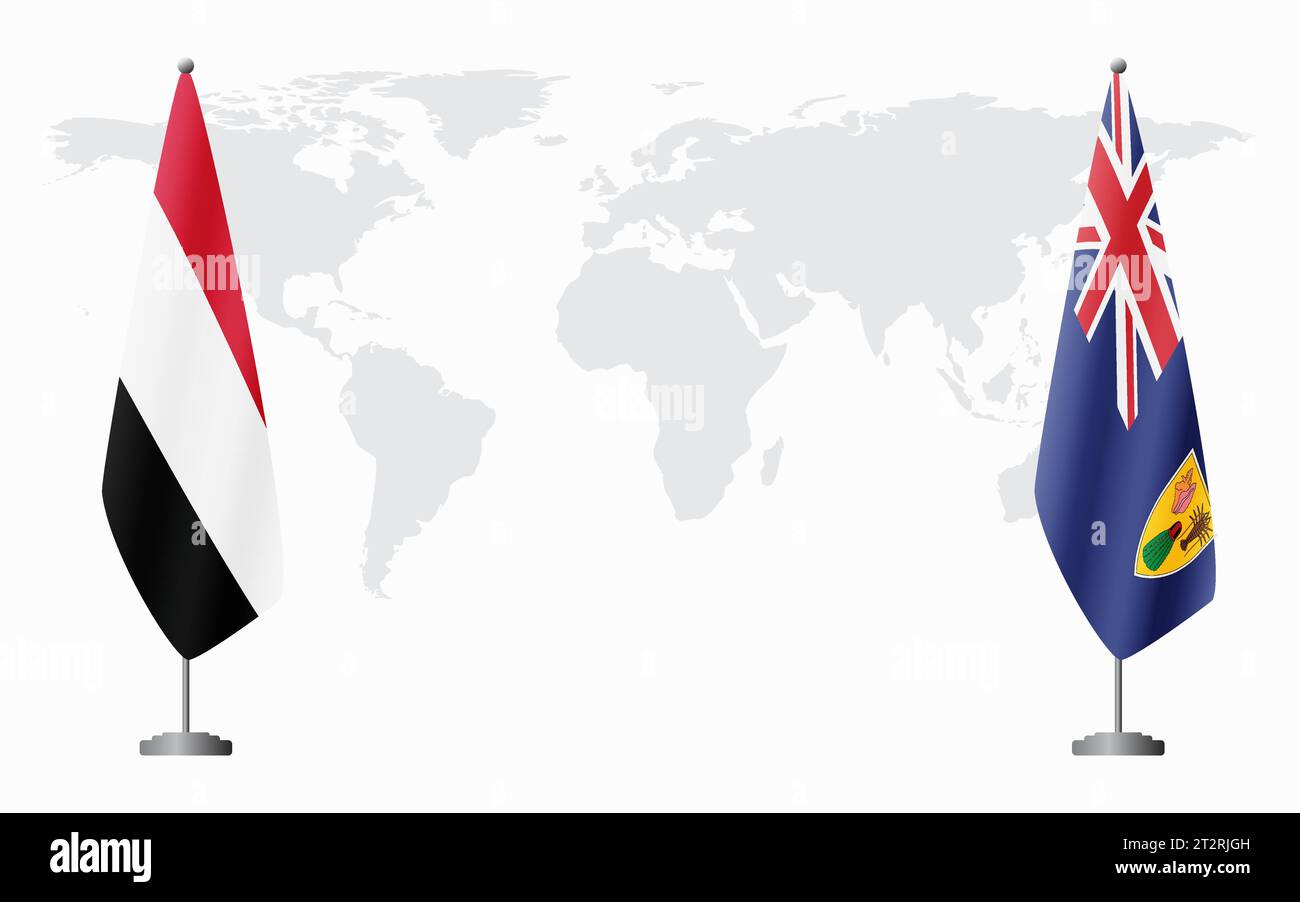 Yemen, Turchi e Caicos bandiere per un incontro ufficiale sullo sfondo della mappa mondiale. Illustrazione Vettoriale