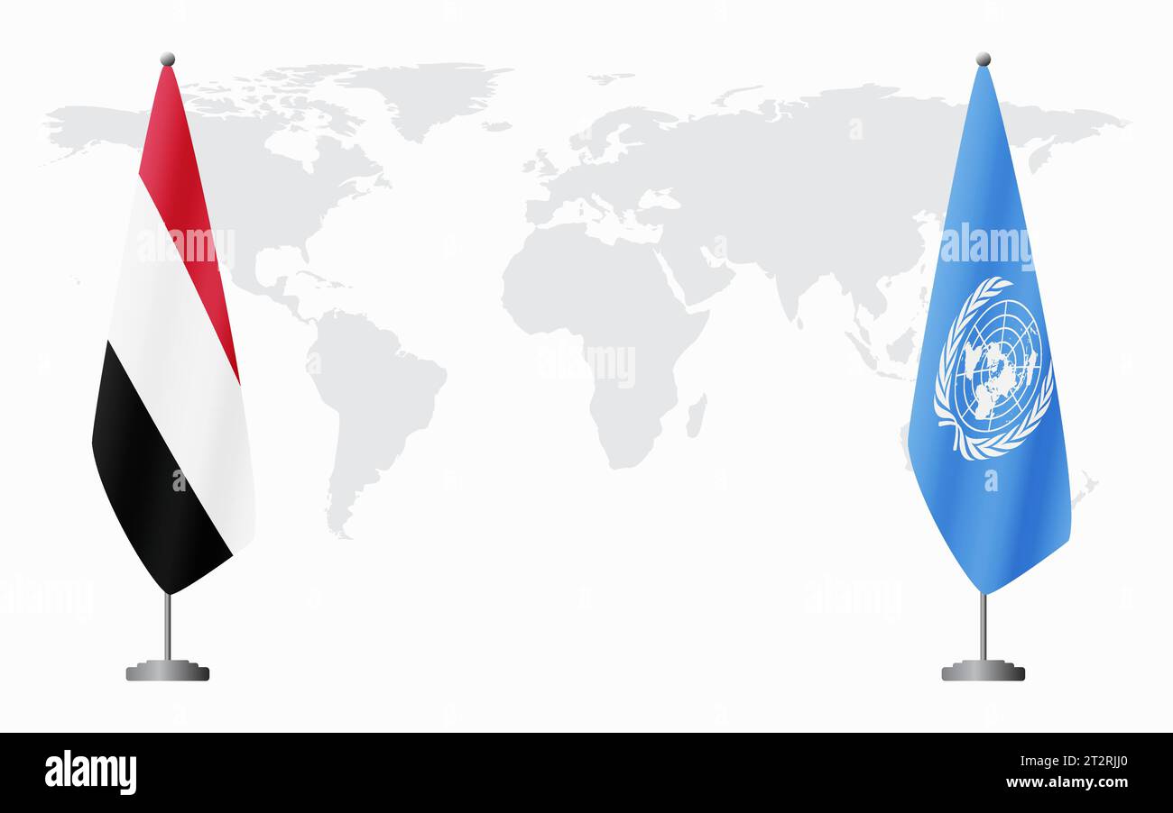 Lo Yemen e le Nazioni Unite bandiere per un incontro ufficiale sullo sfondo della mappa mondiale. Illustrazione Vettoriale