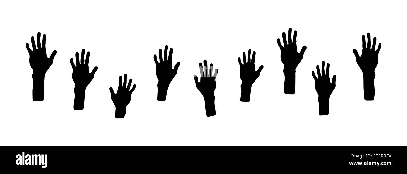 Mani umane alzate. Silhouette nera. Set di impronte umane. Icona, vettore, isolato su bianco. Elemento di progettazione per l'istruzione, la sanità, la medicina, il volontariato. Lavoro di gruppo concettuale, votazione di cooperazione Illustrazione Vettoriale