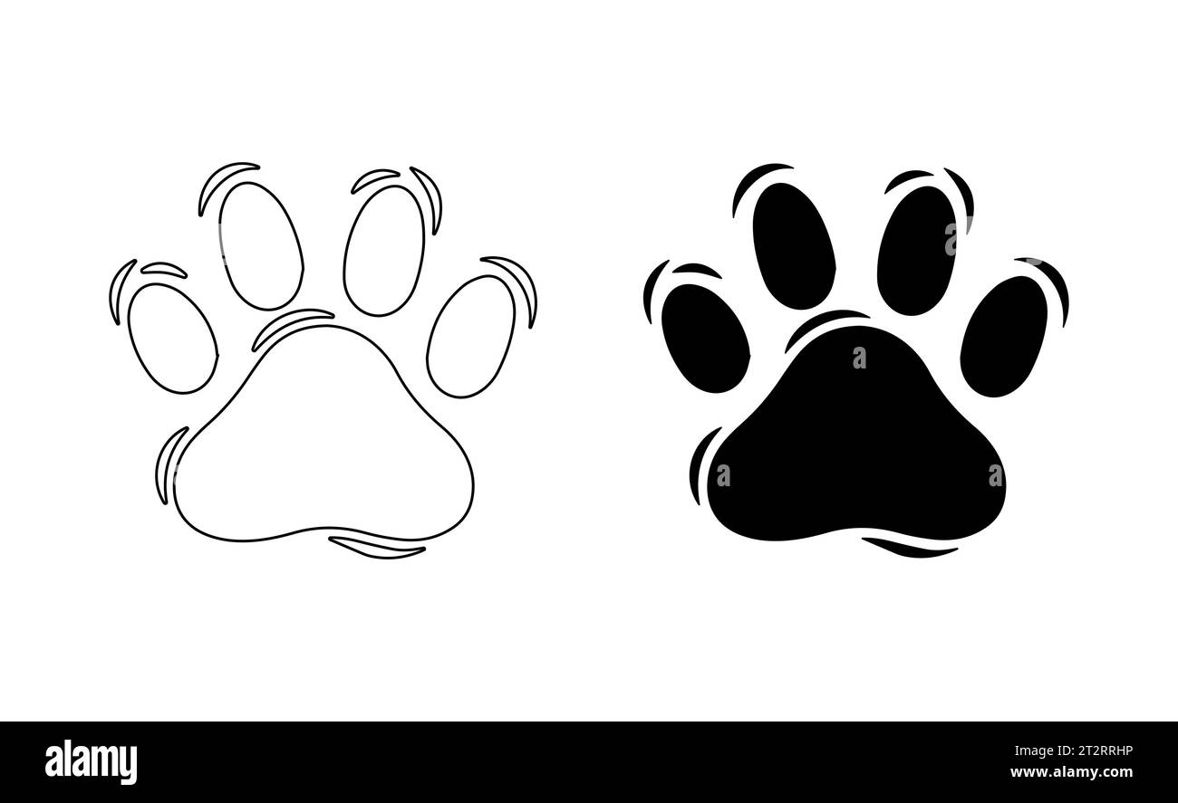 Piede di zampa di gatto su bianco. Vettore. Silhouette, contorno. Tracce di tigre, leone, leopardo, ghepardo, giaguaro, cougar, puma, lince, segni di ocelot caracale, icone, abbigliamento, tessuti, negozio di animali domestici Illustrazione Vettoriale